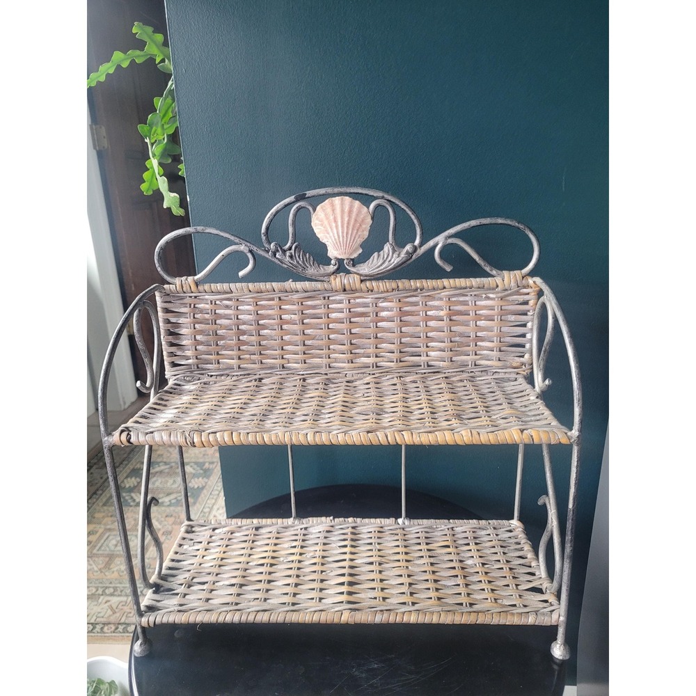 Coastal Wicker & Metal Two-Tier Shelf‎ | French Country Cottage Decor Seashell